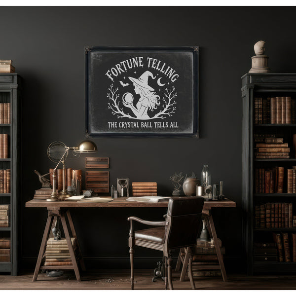Fortune Telling Sign Halloween wall art in a styled room