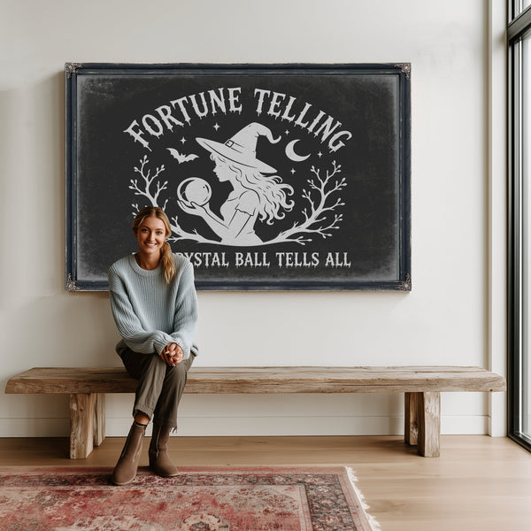 Fortune Telling Sign Halloween wall art in a styled room
