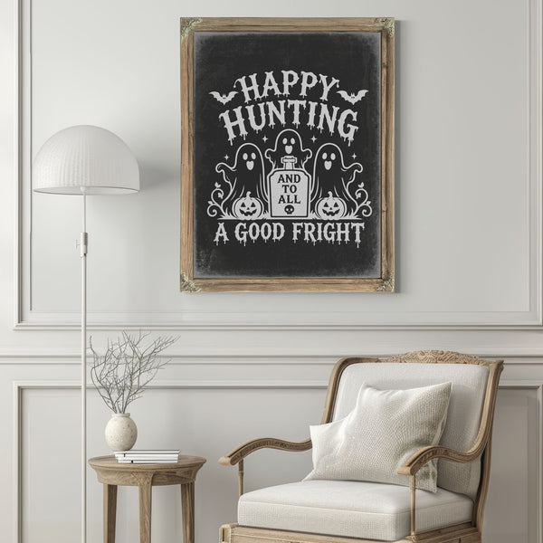 Happy Haunting Sign Halloween wall art in a styled room