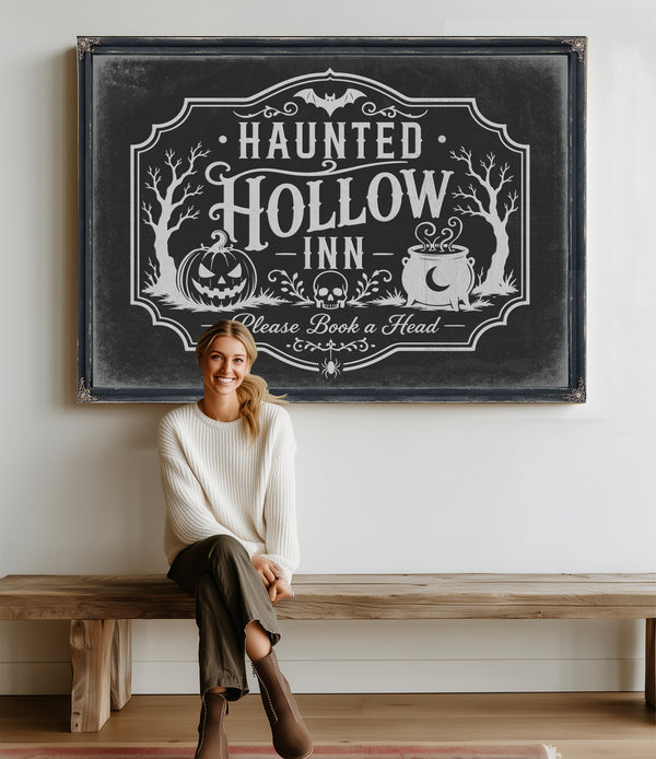 Haunted Hollow Inn Sign Halloween wall art in a styled room