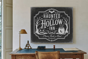 Haunted Hollow Inn Sign Halloween wall art in a styled room