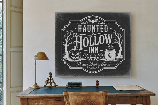 Haunted Hollow Inn Sign Halloween wall art in a styled room