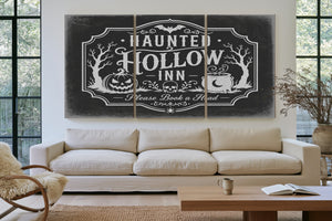 Haunted Hollow Inn Sign Halloween wall art in a styled room