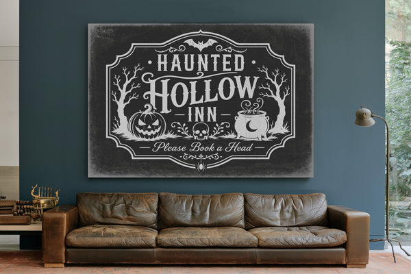 Haunted Hollow Inn Sign Halloween wall art in a styled room
