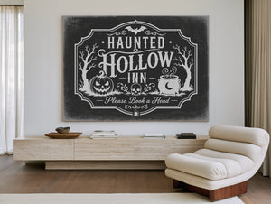 Haunted Hollow Inn Sign Halloween wall art in a styled room