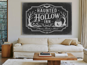 Haunted Hollow Inn Sign Halloween wall art in a styled room