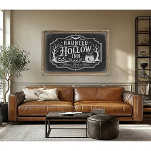 Haunted Hollow Inn Sign Halloween wall art in a styled room