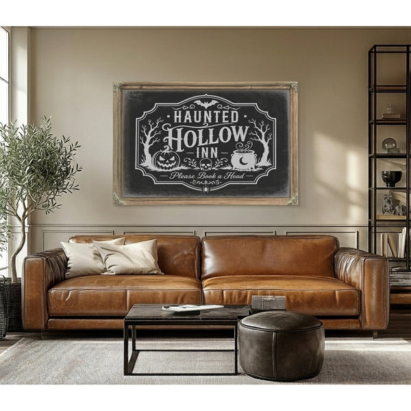 Haunted Hollow Inn Sign Halloween wall art in a styled room