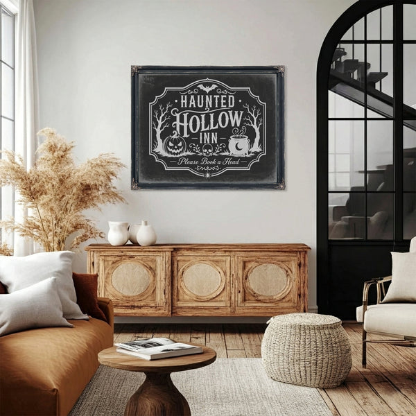 Haunted Hollow Inn Sign Halloween wall art in a styled room
