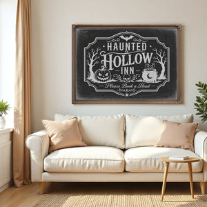 Haunted Hollow Inn Sign Halloween wall art in a styled room