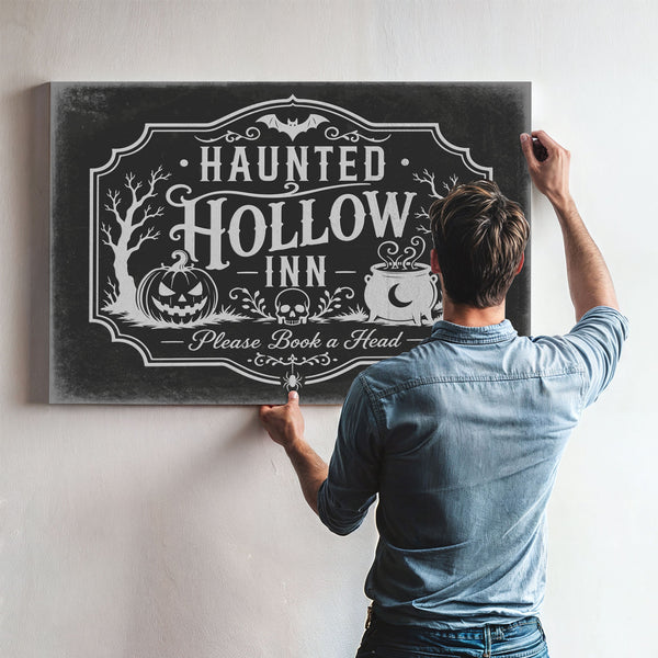 Haunted Hollow Inn Sign Halloween wall art in a styled room