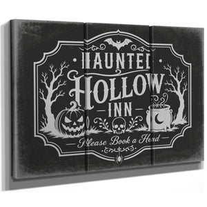 Haunted Hollow Inn Sign Halloween wall art in a styled room