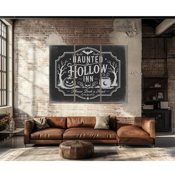 Haunted Hollow Inn Sign Halloween wall art in a styled room