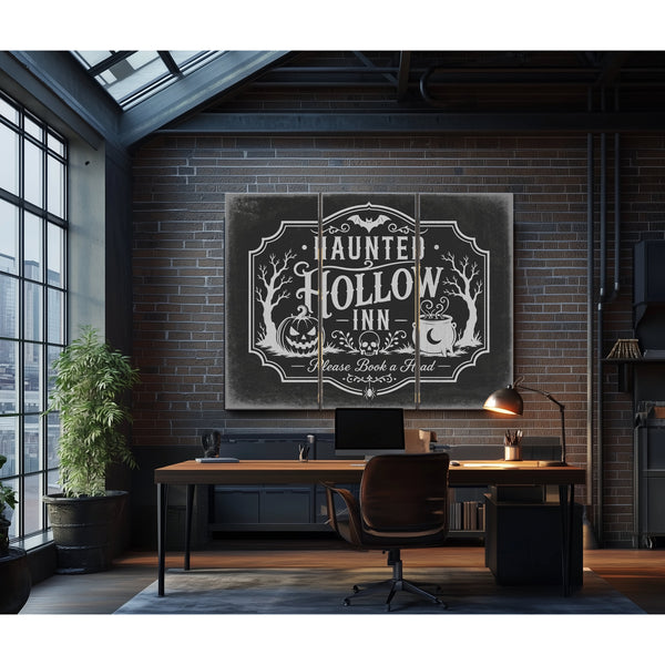 Haunted Hollow Inn Sign Halloween wall art in a styled room
