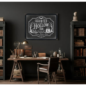 Haunted Hollow Inn Sign Halloween wall art in a styled room