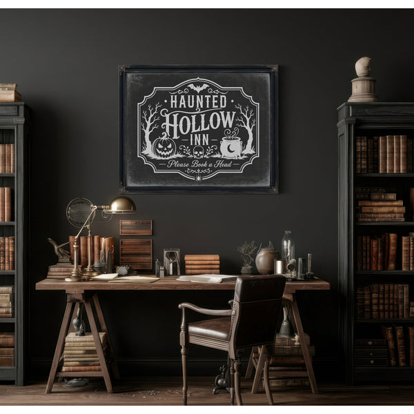 Haunted Hollow Inn Sign Halloween wall art in a styled room