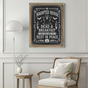 Haunted House Sign Halloween wall art in a styled room