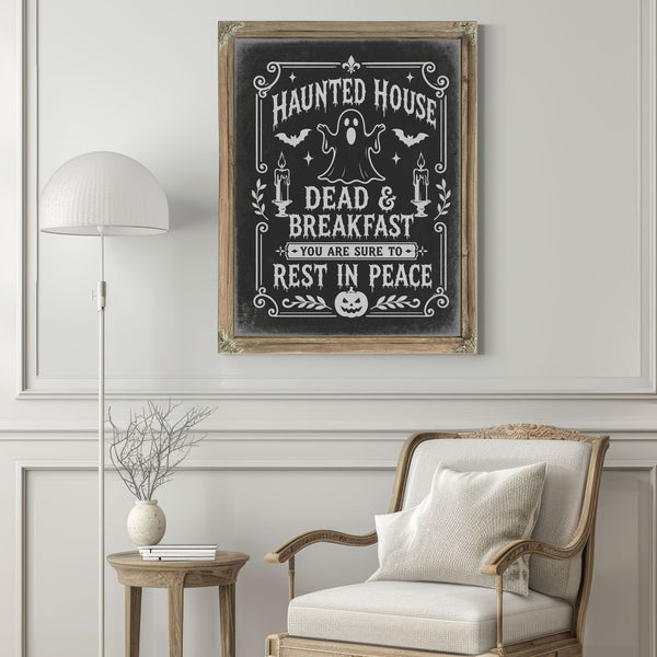 Haunted House Sign Halloween wall art in a styled room
