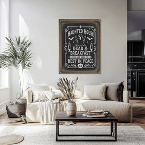 Haunted House Sign Halloween wall art in a styled room