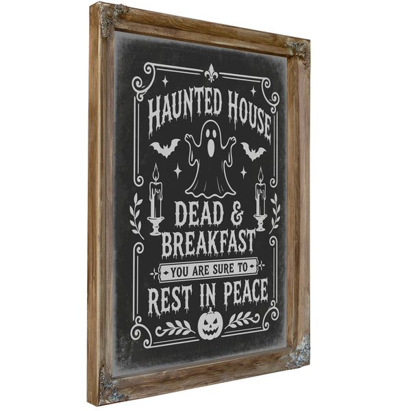 Haunted House Sign Halloween wall art, Verdigris frame