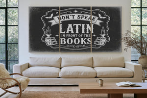 Latin Spell Books Sign Halloween wall art in a styled room