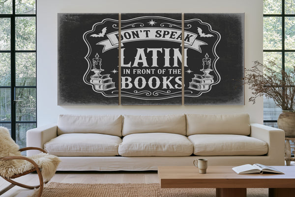 Latin Spell Books Sign Halloween wall art in a styled room