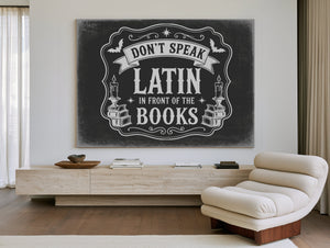 Latin Spell Books Sign Halloween wall art in a styled room