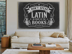 Latin Spell Books Sign Halloween wall art in a styled room