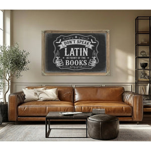 Latin Spell Books Sign Halloween wall art in a styled room