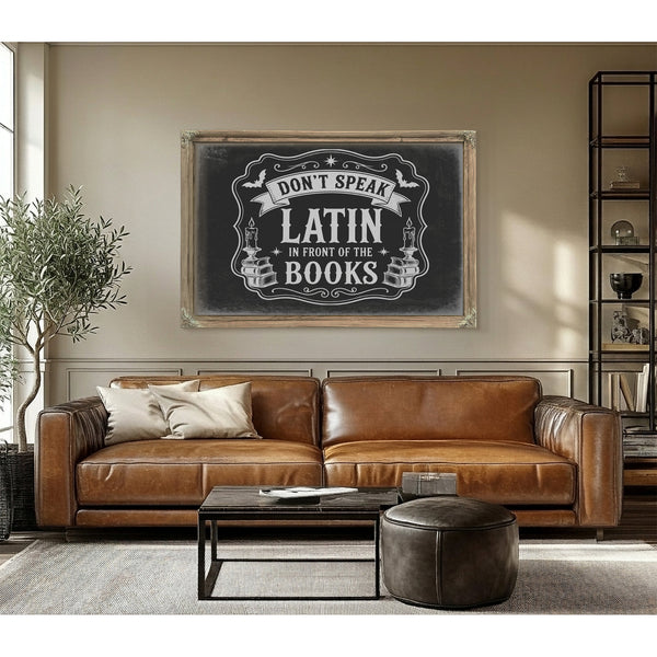 Latin Spell Books Sign Halloween wall art in a styled room