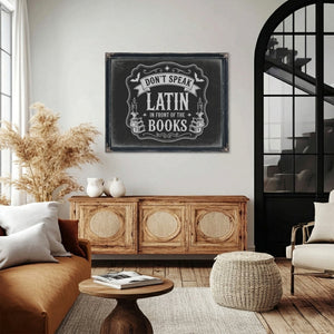 Latin Spell Books Sign Halloween wall art in a styled room
