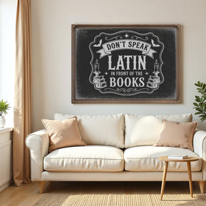 Latin Spell Books Sign Halloween wall art in a styled room