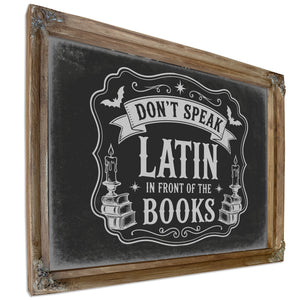 Latin Spell Books Sign Halloween wall art, Verdigris frame
