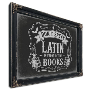 Latin Spell Books Sign Halloween wall art, Ebony frame