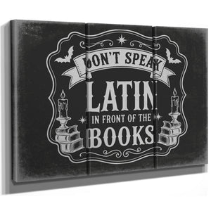 Latin Spell Books Sign Halloween wall art in a styled room