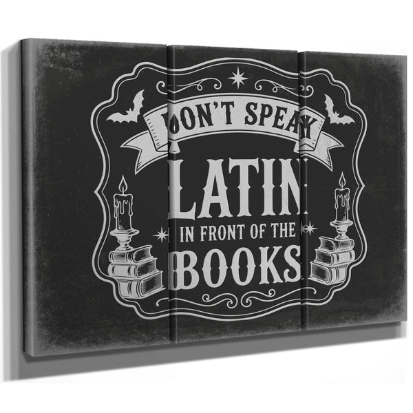 Latin Spell Books Sign Halloween wall art in a styled room