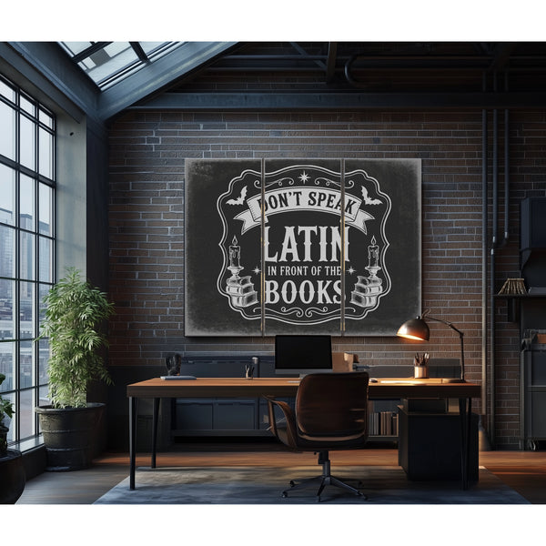 Latin Spell Books Sign Halloween wall art in a styled room