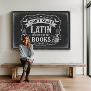 Latin Spell Books Sign Halloween wall art in a styled room