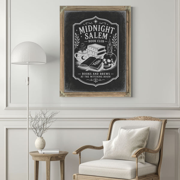 Midnight in Salem Sign Halloween wall art in a styled room