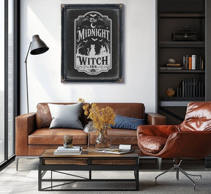 Midnight Witch Sign Halloween wall art in a styled room
