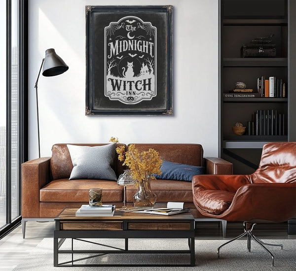 Midnight Witch Sign Halloween wall art in a styled room