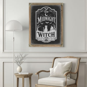Midnight Witch Sign Halloween wall art in a styled room