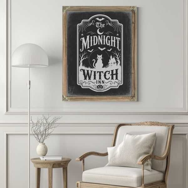 Midnight Witch Sign Halloween wall art in a styled room