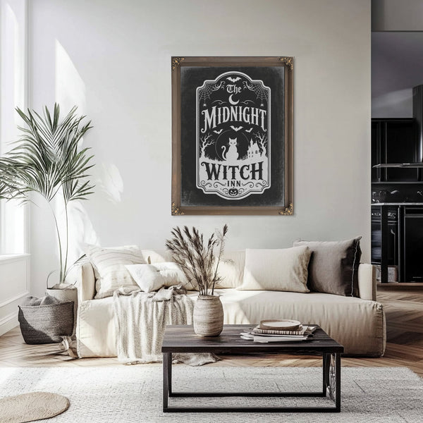 Midnight Witch Sign Halloween wall art in a styled room