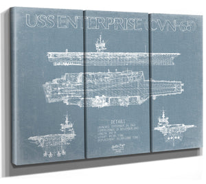 Bella Frye 36" x 24" / 3 Panel Canvas Wrap USS Enterprise (CVN-65) Frigate Ship Blueprint Wall Art - Original Carrier Print