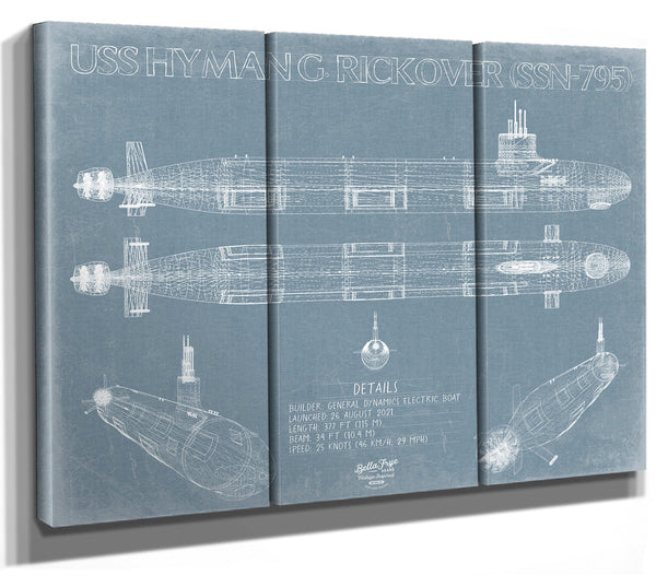 Bella Frye 36" x 24" / 3 Panel Canvas Wrap USS Hyman G. Rickover (SSN-795) Blueprint Wall Art - Original Submarine Print