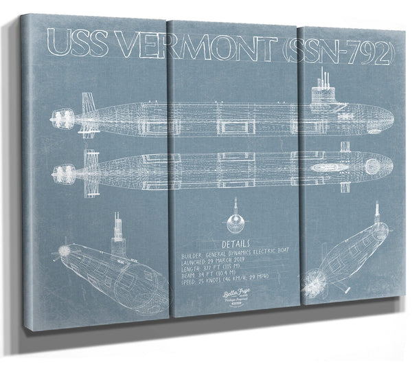 Bella Frye 36" x 24" / 3 Panel Canvas Wrap USS Vermont (SSN-792) Blueprint Wall Art - Original Submarine Print