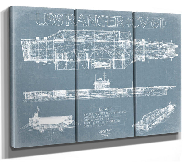 Bella Frye 36" x 24" / 3 Panel Canvas Wrap USS Ranger (CV-61) Blueprint Wall Art - Original Carrier Print