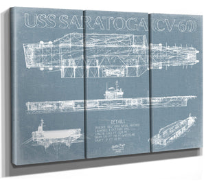 Bella Frye 36" x 24" / 3 Panel Canvas Wrap USS Saratoga (CV-60) Blueprint Wall Art - Original Carrier Print