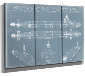 Bella Frye 36" x 24" / 3 Panel Canvas Wrap USS Colorado (SSN-788) Blueprint Wall Art - Original Submarine Print